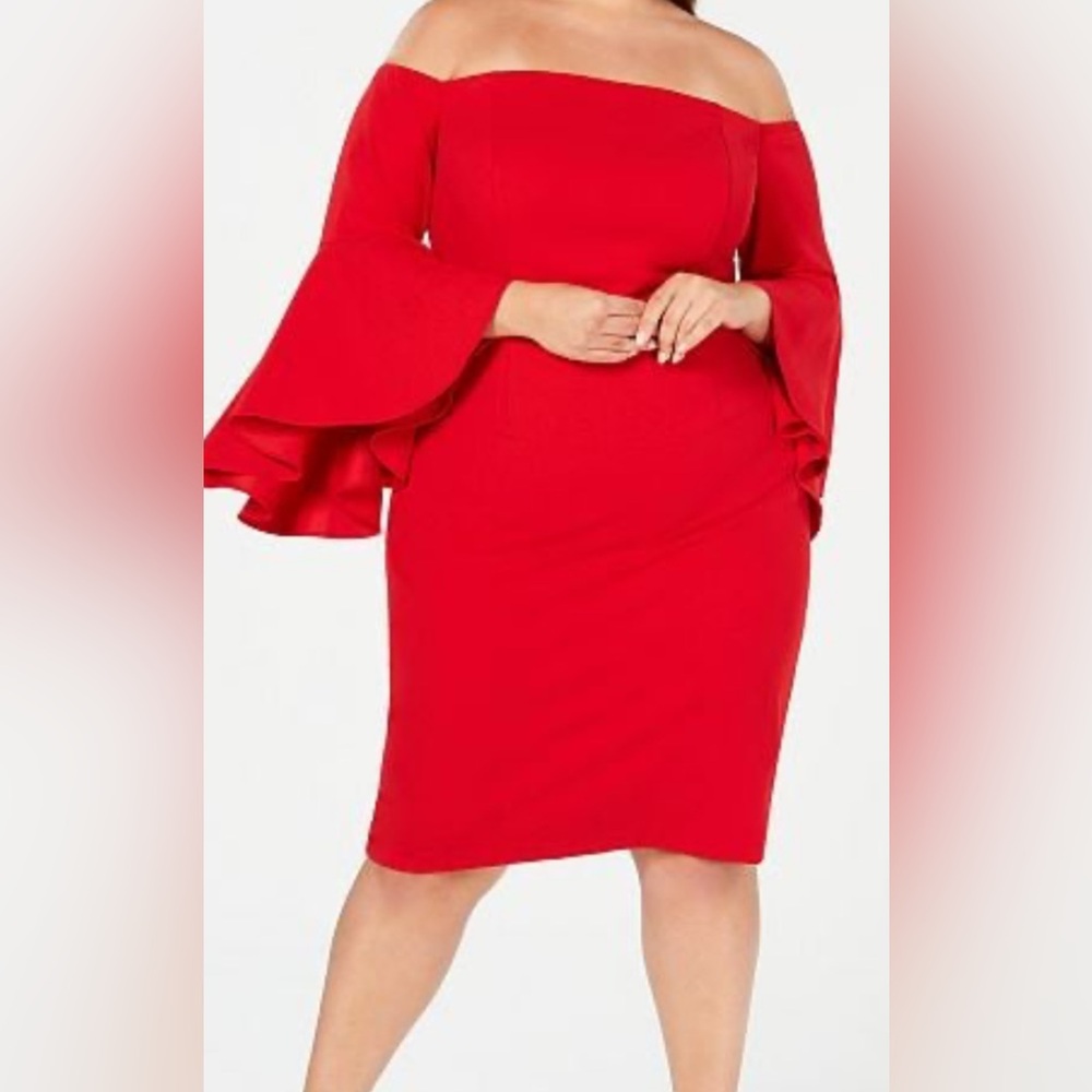 Calvin Klein Red Off-the-Shoulder with Bell Sleeves Dress